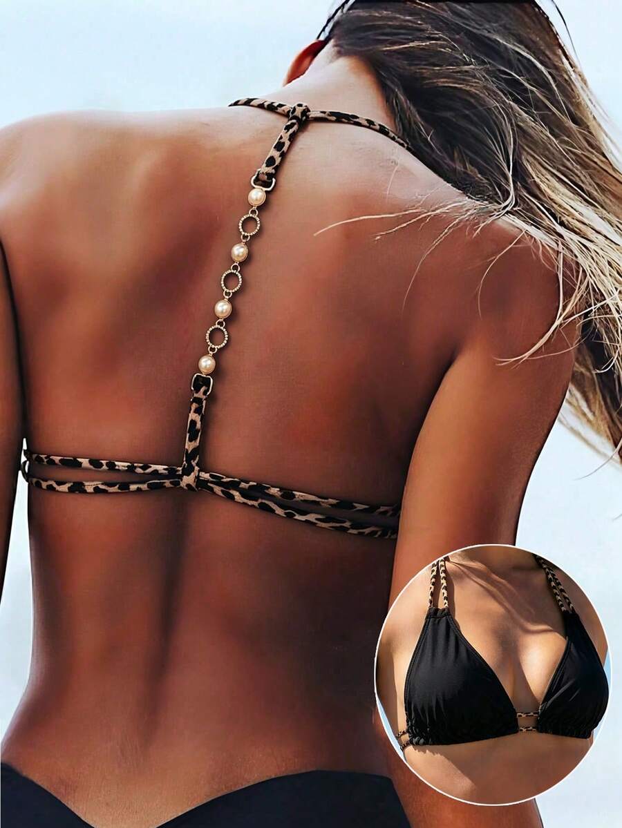 Swim Vcay 女款度假海灘豹紋金屬扣褶皺性感時尚泳衣上衣 - 黑色 - 查看 1