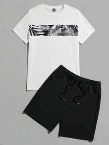 Manfinity BRENVOR Men's Crew Neck Printed Fashion Casual T-Shirt And Shorts 2-Piece Set - Black - View 4