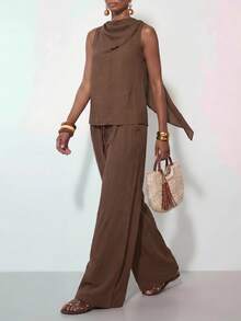 Zivah Summer Commuter Casual Loose-Fitting Coffee Brown Sleeveless Scarf-Neck Top In Linen Fabric+ Wide-Leg Pant Women Two Pieces Set Vacation - Brown - View 5