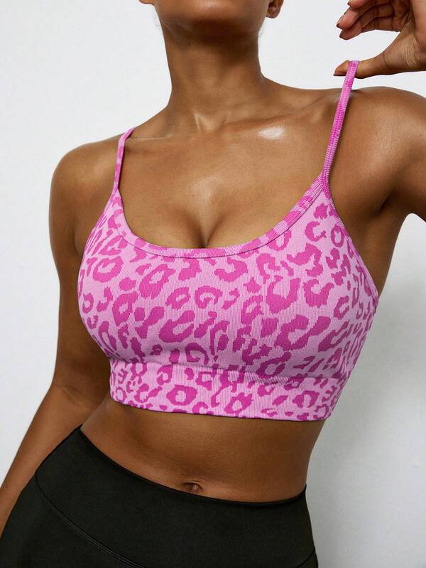 Voyena Plus Size Women's Leopard Print Crisscross Back Sports Bra, Suitable For Yoga, Running And Other Sports, Leopard Print Sports Bra, Cheetah Print Sports Bra, Crop Top, Leopard Print Bra, Pink