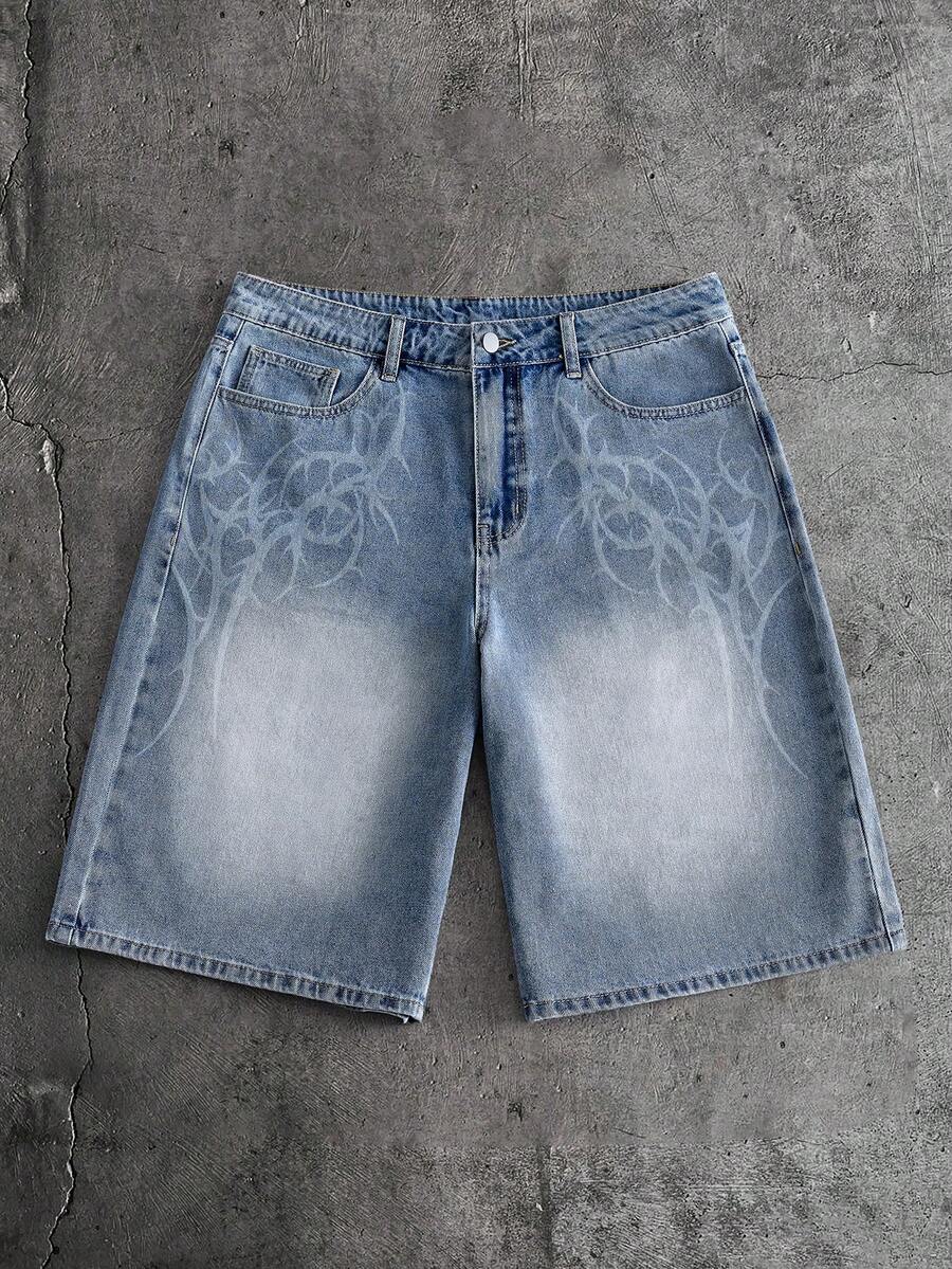 AXEPEAK 男士水洗牛仔短褲，刺繡工藝，時尚 - 彩色 - 查看 1