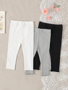 SHEIN Vintaside Kids 3件組女嬰夏季服裝 開學季 6個月-3歲 休閒簡約風 白色黑色灰色 寬條紋波浪邊彈性腰身彈力內搭褲 舒適柔軟 適合運動通勤 春夏季出遊及禮物 - 黑與白 - 查看 8