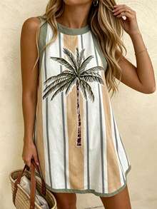 Vaclyn Women's Vacation Palm Tree Striped Round Neck Sleeveless Mini Dress - Multicolor - View 5
