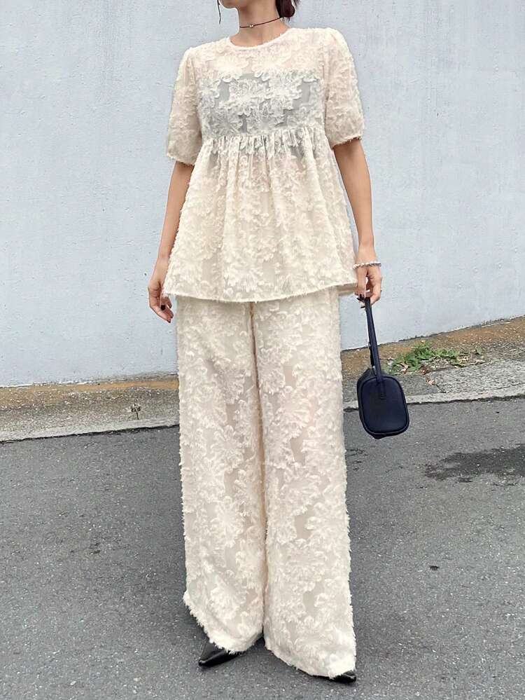 FRIFUL Women's Pullover Top With Ruffle Hem And Loose Wide Leg Pants, Solid Color Textured Fabric, 2 Pieces Set - Beige - View 1