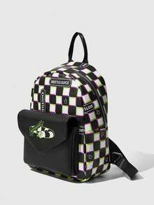 Beetlejuice X ROMWE Mochila de gran capacidad con estampado retro punk para la temporada escolar, versátil para ir y venir, libro de vestir para estudiantes, modelo conjunto - Tablero de ajedrez - Ver 5