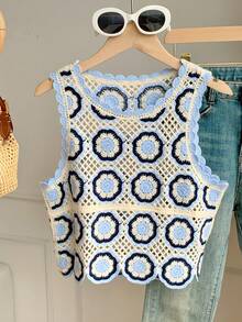 Comfortcana Women's Round Neck Geometric Print Casual Versatile Daily Outing Knit Top - Blue - View 4