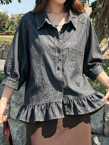 FRIFUL Women's 3/4 Sleeve Single-Breasted Ruffle Hem Pocket Shirt - Navy Blue - View 2