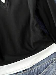 Girlism Tween女孩春秋冬新款黑白領口休閒校園風長袖T恤，返校季對比色襯衫領長袖休閒百搭上衣 - 黑與白 - 查看 6