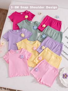 SHEIN Playful Pals 10件/5套 0-3歲女嬰可愛粉色夏季套裝 花朵裝飾短袖上衣與短褲 舒適衣物 適合家庭穿搭戶外活動 - 彩色 - 查看 6
