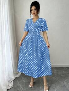 SHEIN LUNE 女款波點印花重疊V領荷葉邊短袖優雅老錢風度假藍色夏季洋裝 - 淺藍色 - 查看 8