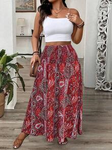 EMERY ROSE Falda maxi con estampado de flores y paisley, volantes en el bajo para mujeres de talla grande - Rojo - Ver 3