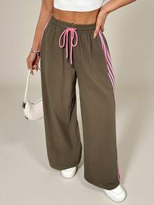 SHEIN PETITE Women's Gray Casual Loose-Fit Athletic Pants With Side Stripes And Elastic Waistband-A Fun Autumn,Petite Women Gym - Brown - View 5