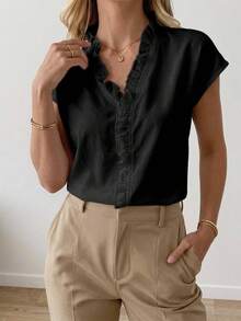 EMERY ROSE 大尺碼女款素色極簡短袖襯衫，飾有荷葉邊飾，大尺碼女裝上衣 - 彩色 - 查看 3