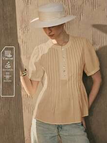SHEIN 女款圓領馬卡龍色泡泡袖黏膠纖維上衣，夏季優雅性感日常休閒挺括百褶娃娃裝上衣，春季教師節高爾夫 - 卡其色 - 查看 2