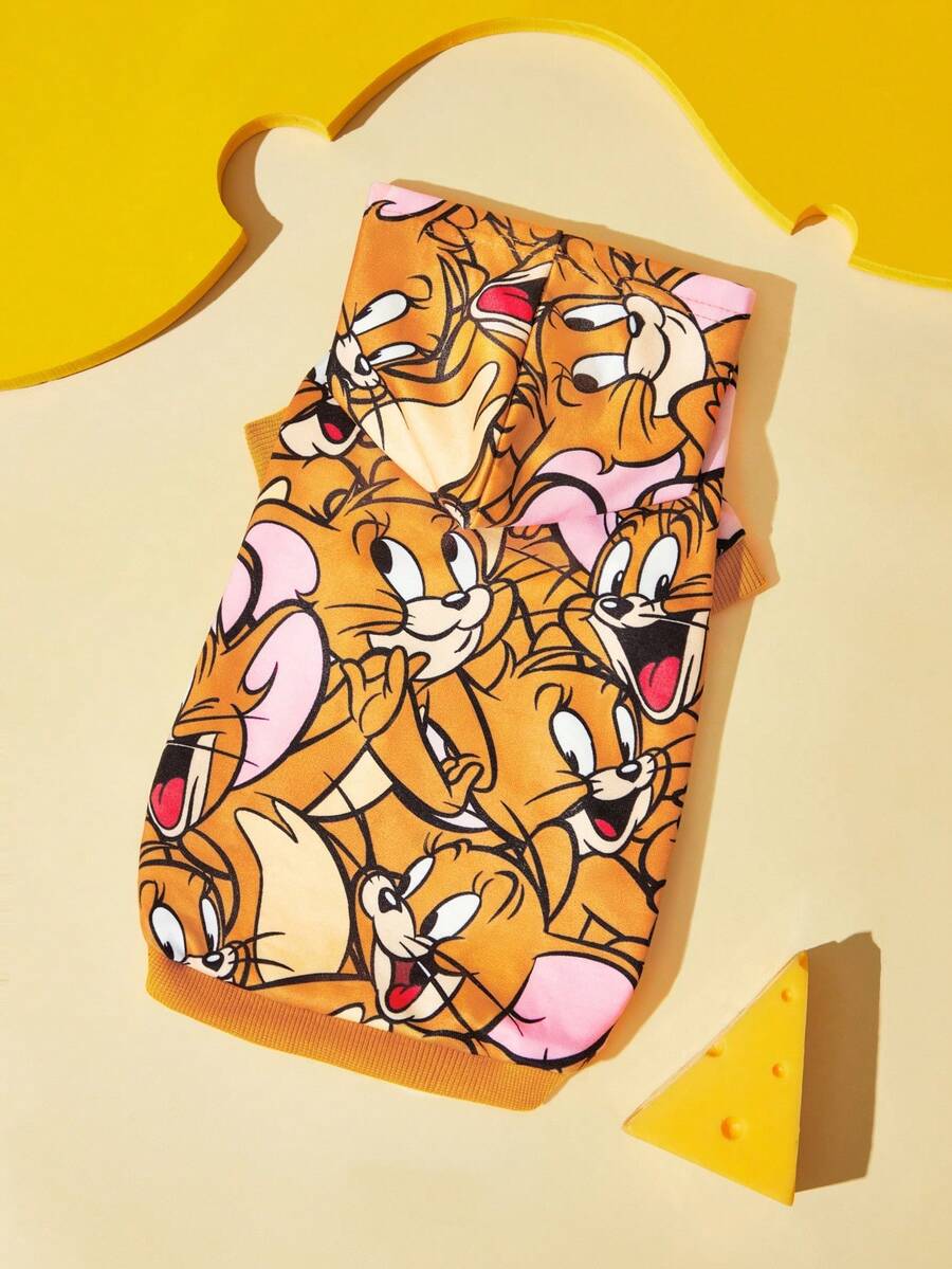 TOM & JERRY X SHEIN 1件全身印花寵物連帽衫,四季透氣可愛卡通狗貓運動衫,柔軟舒適小狗外套,印有完整傑瑞臉部圖案,XXS-XXXXXL多種尺寸適用於小型、中型、大型犬貓,寵物主人與愛好者的完美禮物 - 棕色 - 查看 1