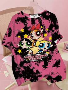 THE POWERPUFF GIRLS X SHEIN 加大码圆领短袖 T 恤，舒适休闲，带有扎染和花朵、泡泡、毛茛图案 - 白色 - 查看 1