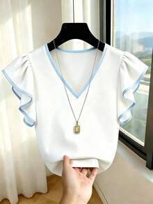 SHEIN Franclia 法式風V領黑白對比荷葉邊短袖雪紡上衣 女款夏季新款通勤顯瘦高端上衣 - 藍色 - 查看 3
