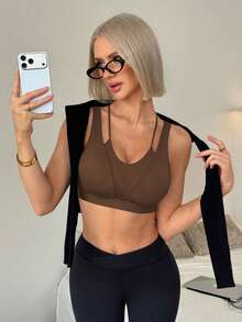 SHEIN Dewbera 女款素色露背日常健身運動內衣 - 咖啡棕 - 查看 5