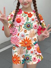 Young Girl Casual Minimalist Cute Textured Floral Print, Short Sleeve Long Pants 2-Piece Set Suitable For Summer, Graphic, Cozy, Girls Outfit Sets, Y2K, Vintage, Vacation - Multicolor - View 2