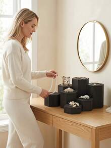 Cirelle 1Set Hexagonal Wooden Tiered Display Stand, Solid Wood With Natural Grain Texture, Staggered Layered Platforms For Figurines, Perfume And Small Trinkets, Multi-Height Storage Rack For Desktop Collectible, Vanity And Tabletop Ornament Arrangement. - multicolor - View 7