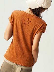 Bohemela Damen T-Shirt für Sommer und Ostern, einfarbig gestrickt, V-Ausschnitt, Kurzarm, figurbetont, gewaschen - Orange - Übersicht 2