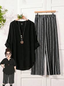 SHEIN PETITE CURVE Conjunto de 2 piezas para mujer talla grande: Camisa minimalista con cuello en V y botones, y pantalones casuales a rayas - Negro - Ver 3