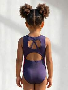 SHEIN Maillot de manga corta ajustado de cuello redondo sin espalda de color contrastante, diseñado para evitar la exposición, adecuado para deportes, gimnasia y competiciones de danza, para todas las estaciones - Azul - Ver 4
