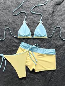 Swim Mod 女款 26SS 春夏新款純色黑白對比 V 領露背三角側綁比基尼泳褲 嘻哈內褲 蝴蝶結裝飾 3 件組比基尼泳衣套裝 適合海灘度假 - 黃色 - 查看 5