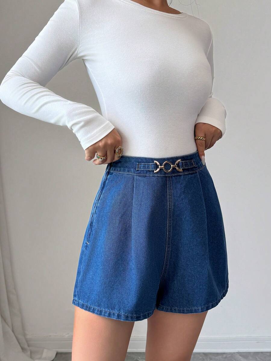 Elenzga 4th Of July Summer Elegant Chic Black Denim Shorts Women Ring Buckle High Waist Commuter Daily - Blue - View 1