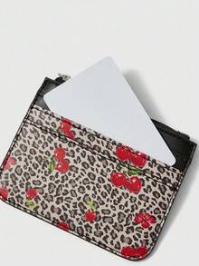 ROMWE Kawaii Almacenamiento de tarjetas con empuje hacia atrás de varias capas con estampado de leopardo retro y empalme de colores contrastantes con cereza - Marrón negro - Ver 2