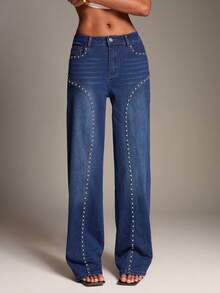 SHEIN BAE Women's Fashion Versatile Rivet Pocket Button Casual Denim Jeans - Medium Wash - View 4