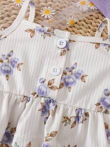 SHEIN 新生女宝宝夏季新款印花可爱三角连体衣套装，含发带 - 淡紫色 - 查看 5