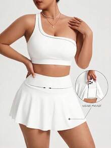 SHEIN Sports 2PCS Spring/Summer Plus Size Women's Sports Set, One-Shoulder Removable Padded Bra Top And Double-Layer Ruffle Skirt With Built-In Leggings And Pockets, Suitable For Casual Wear, Running, Yoga, Gym, Tennis, Golf, Cycling - White - View 2