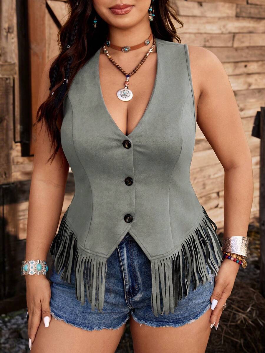 Ceyna Débardeur sans manches col V décontracté élégant minimaliste style pastoral américain avec franges pour festival de musique, kaki marron, grande taille pour femmes - Gris - Voir 1