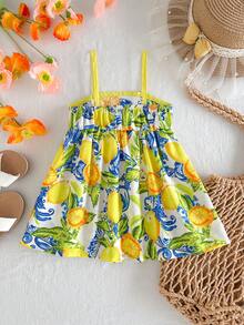 Travachic KIDS Travachic KIDS 女嬰可愛休閒碎花印花細肩帶度假洋裝 - 杏色 - 查看 2