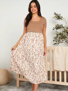 SHEIN Maternity Floral Patchwork Nursing Dress - Khaki - View 6