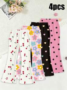4pcs/Set Girls Toddler Pants, Spring Summer Autumn, Fashion Creative Personalized Fresh Colorful Floral Small Heart Small Cherry Pattern Print Casual Style Basic Bottoms Flared Pants - Multicolor - View 2