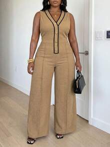 Veslaya Plus Size Women's V-Neck Button Half-Placket Wide Leg Casual Elegant Jumpsuit Office Khaki Summer - Khaki - View 6