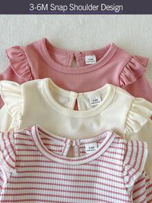 SHEIN 3件組女嬰粉白條紋秋季可愛畢業返校款柔軟彈性素色荷葉邊飾長袖上衣休閒穿搭 - 彩色 - 查看 7