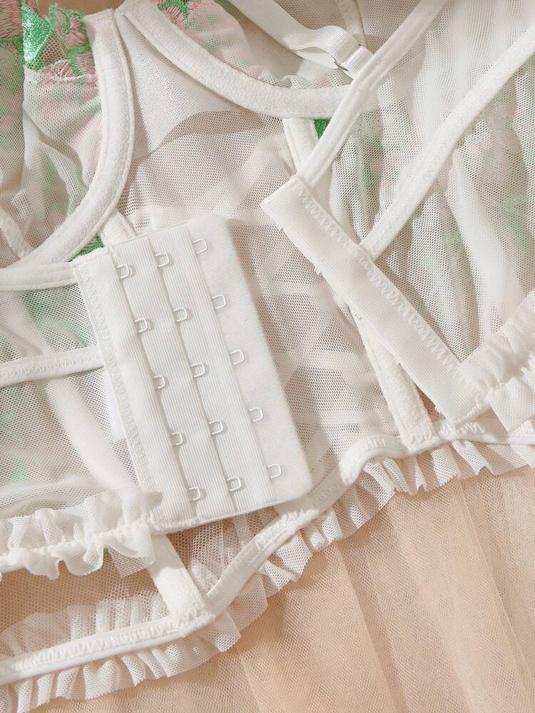 SHEIN 復古性感經典田園清新刺繡拼接網紗吊帶蕾絲繫帶前胸束身衣 + 丁字褲 女士內衣套裝 2件組 - 彩色 - 查看 4