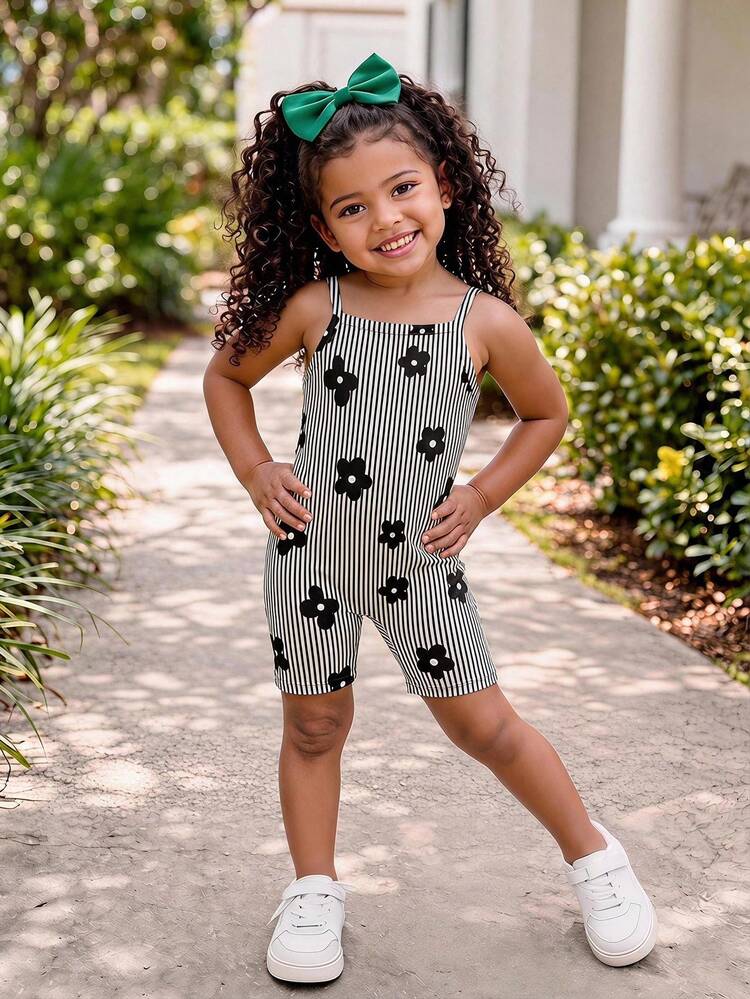 Young Girl Striped Camisole Romper Suitable For Summer Daily Outings - Multicolor - View 1