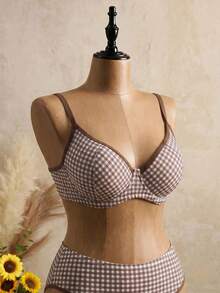 Swim Mod Conjunto de traje de baño de 2 piezas para mujer, nuevo verano 2026, estilo dulce y lindo, estampado a cuadros, con aros, camisola, color beige, talla grande, para vacaciones en la playa - Café integral - Ver 5