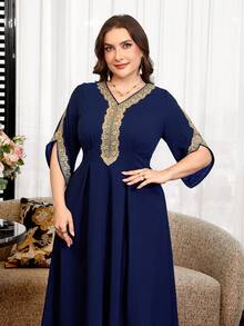 Reflora Vestido Elegante de Fiesta con Parches de Encaje Talla Grande - Azul - Ver 5