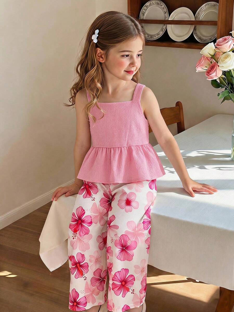 SHEIN Genkimix Kids 女童夏季印花細肩帶上衣+寬腿褲 2件套,親膚甜美可愛,適合 4-7 歲女孩,適合戶外玩耍 - 彩色 - 查看 1
