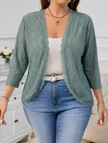 Reflora Chaqueta de mujer de talla grande con manga 3/4 de tejido de punto con textura para otoño - verde menta - Ver 6