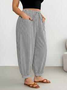 Shapeblank Pantalones largos a rayas con cordones para mujer talla grande - Multicolor - Ver 4