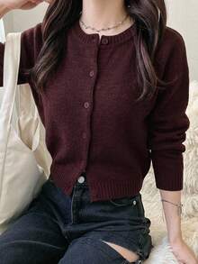 DAZY Solid Color Minimalist Red Wool Knit Cardigan For Women - Burgundy - View 7