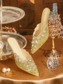 CUCCOO TILAWA Women's Crystal And Glass Rhinestone Pointed Women's High-Heeled Shoes, Suitable For Going Out, Banquets, Parties And Other Activities - Gold - View 1
