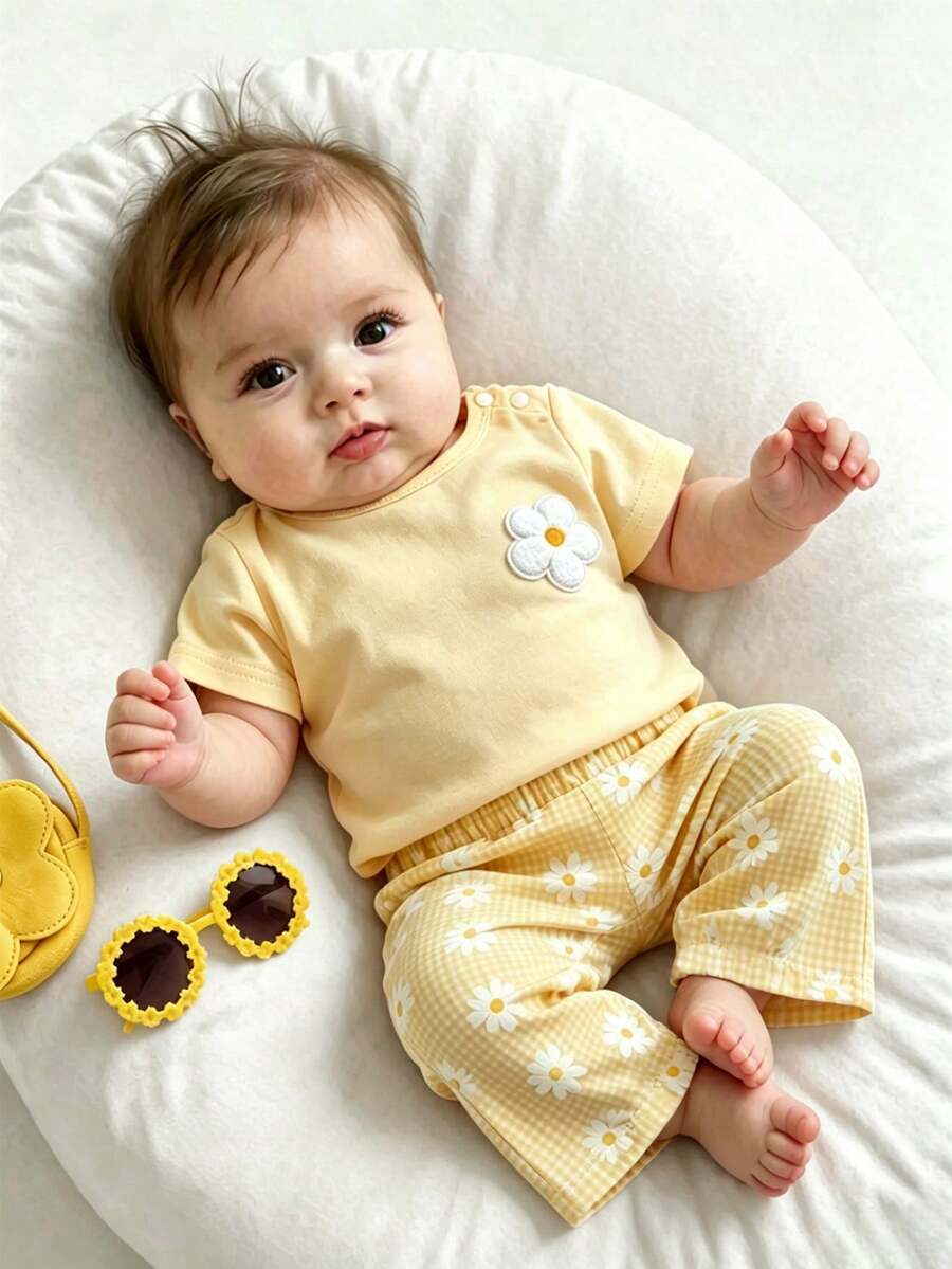 SHEIN Playful Pals 新生兒2件組圓領黃色短袖上衣配花卉刺繡貼片與彈性腰帶小雛菊印花長褲,田園度假鄉村風舒適柔軟,適合休閒外出與玩耍,可愛百搭套裝 - 黃色 - 查看 1