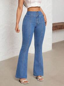 SHEIN MOD Women's Casual Washed Flare Jeans Jeans For Women High Waisted - Blue - View 6